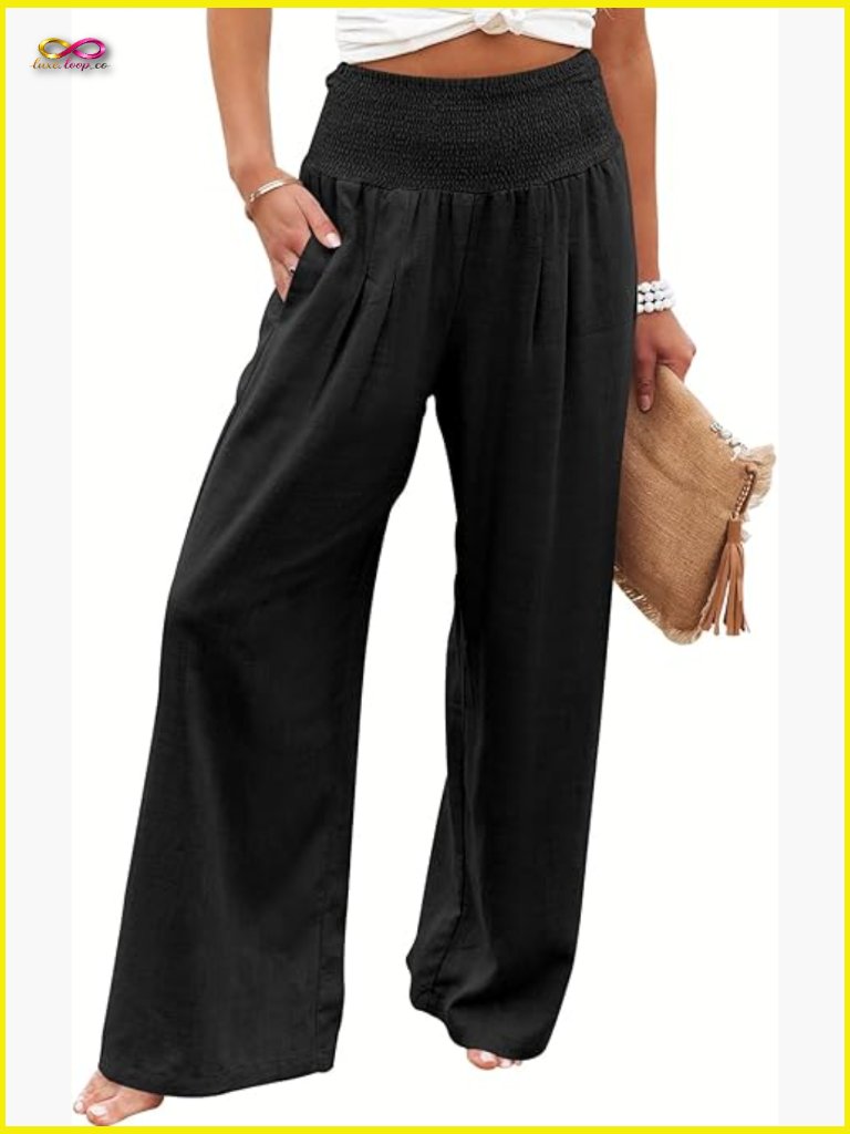 Linen Palazzo Pants High Waist Wide Leg Boho Summer Beach Travel Lounge